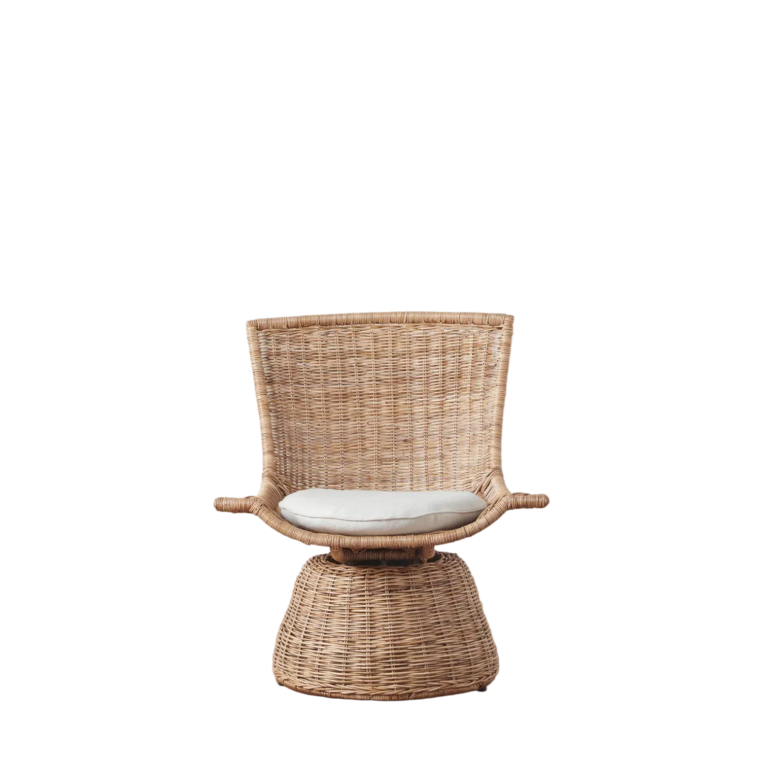 The Healdsburg Small Wicker Swivel Chair offers compact, comfortable seating with a handwoven wicker design, rounded base, flared arms, and a light seat cushion—all set against a plain white background.