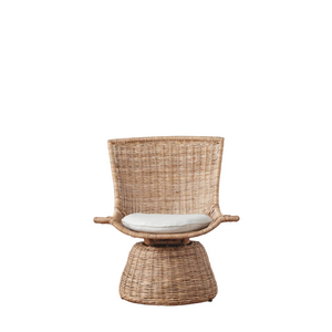 The Healdsburg Small Wicker Swivel Chair offers compact, comfortable seating with a handwoven wicker design, rounded base, flared arms, and a light seat cushion—all set against a plain white background.