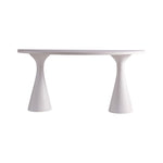 The Kasper Demilune Console Table features an oval top and two wide, conical pedestal legs—ideal for an entryway. Shown against a plain white background, its white modern design adds a sleek touch to any space.