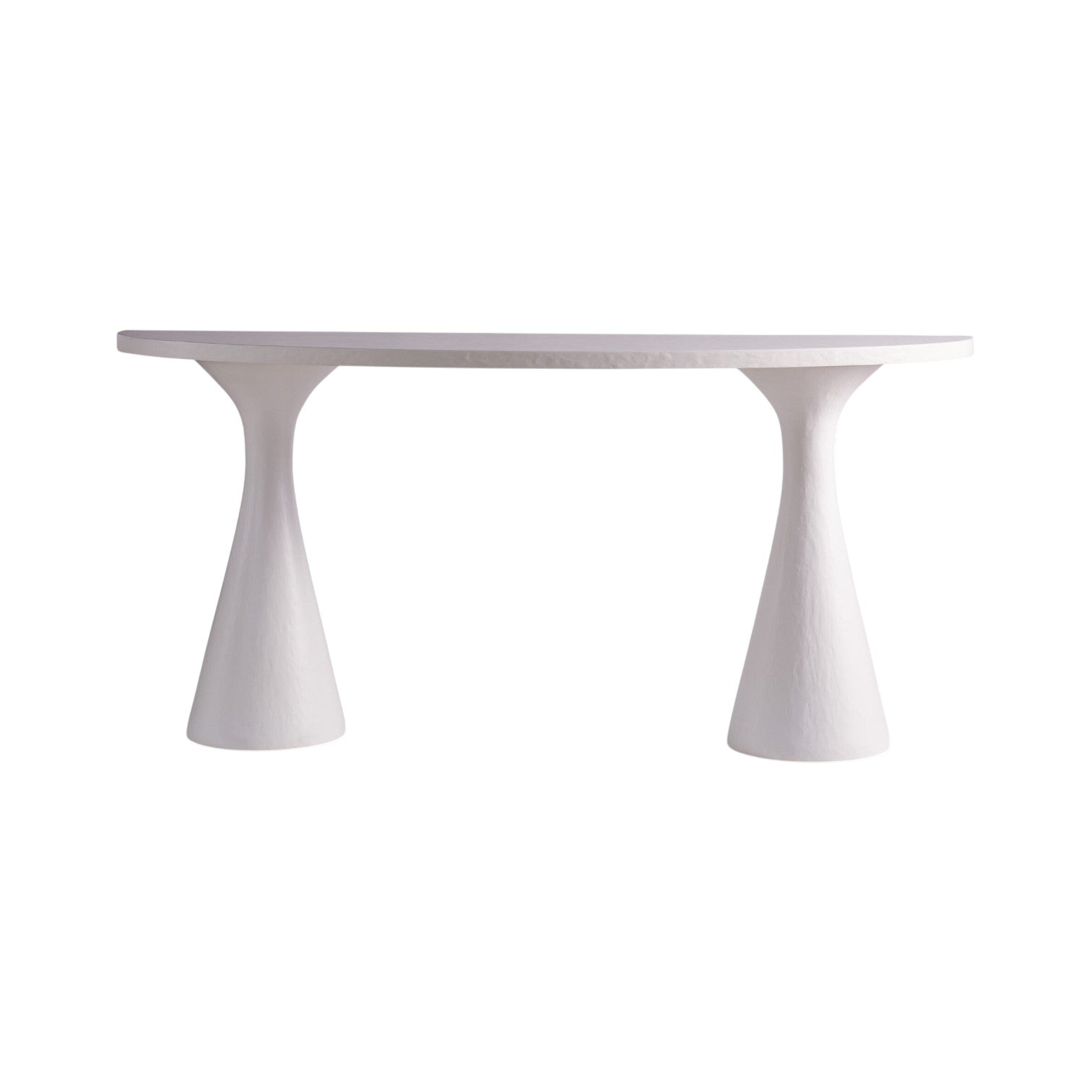 The Kasper Demilune Console Table features an oval top and two wide, conical pedestal legs—ideal for an entryway. Shown against a plain white background, its white modern design adds a sleek touch to any space.