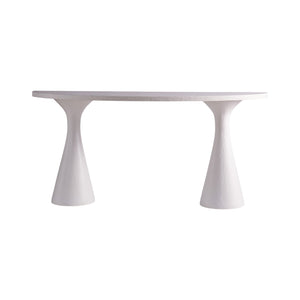 The Kasper Demilune Console Table features an oval top and two wide, conical pedestal legs—ideal for an entryway. Shown against a plain white background, its white modern design adds a sleek touch to any space.