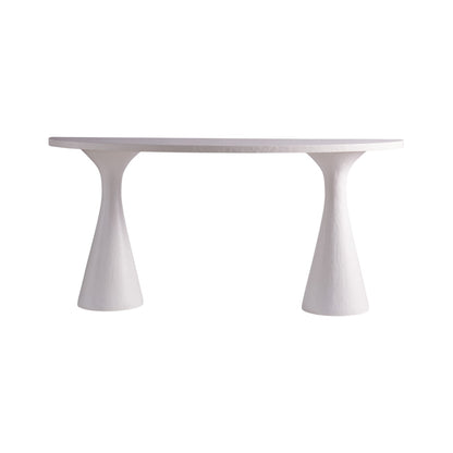 The Kasper Demilune Console Table features an oval top and two wide, conical pedestal legs—ideal for an entryway. Shown against a plain white background, its white modern design adds a sleek touch to any space.