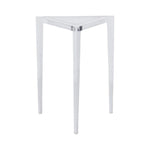 The Fran Acrylic Side Table features a clear, three-legged design with modern elegance and a triangular form, set against a white background.