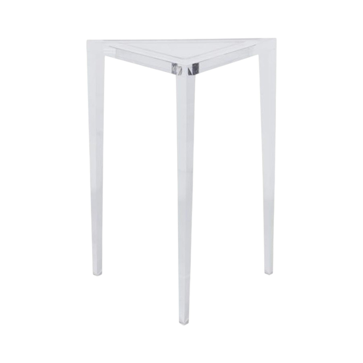 The Fran Acrylic Side Table features a clear, three-legged design with modern elegance and a triangular form, set against a white background.