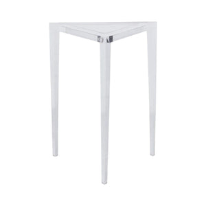 The Fran Acrylic Side Table features a clear, three-legged design with modern elegance and a triangular form, set against a white background.