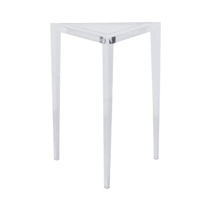 The Fran Acrylic Side Table features a clear, three-legged design with modern elegance and a triangular form, set against a white background.
