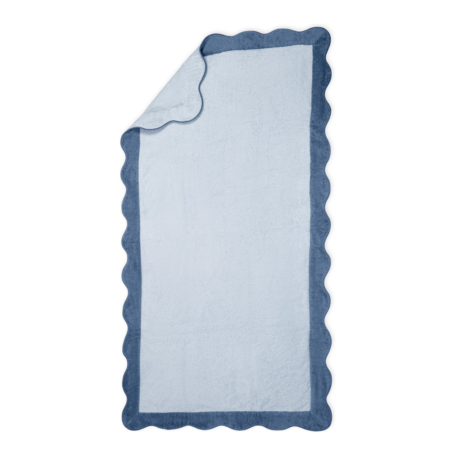 The Neptune Pool Towel is a rectangular light blue absorbent towel with a darker blue scalloped border, displayed flat with one corner folded over.