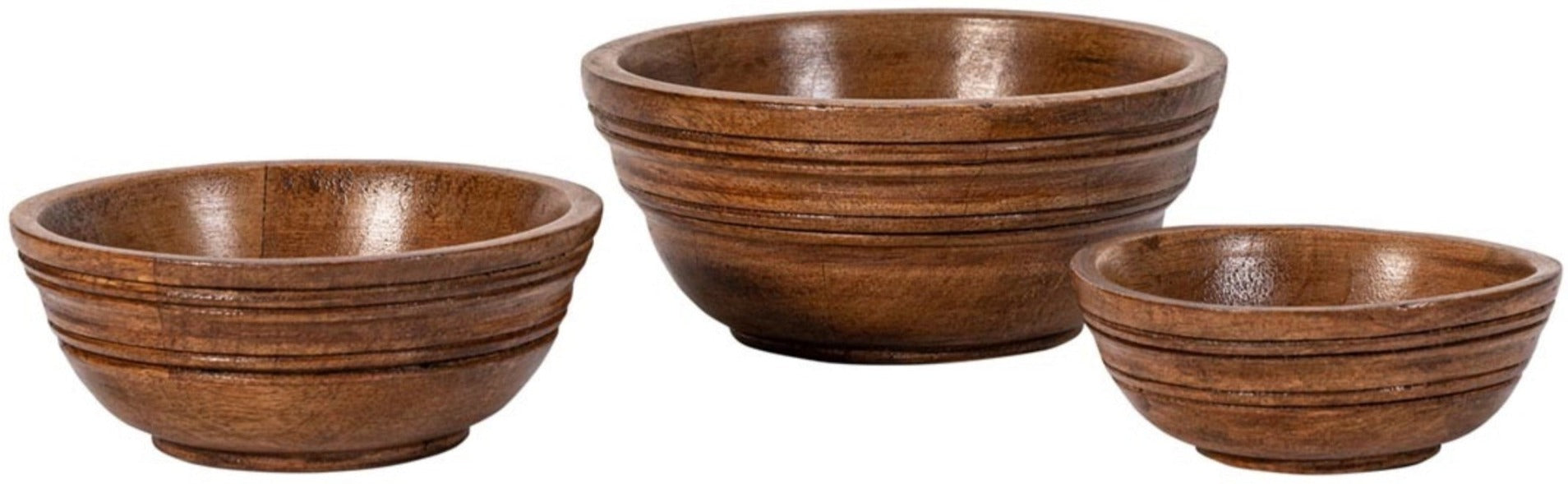 Three Juliska Bilbao Wood Serving Collection wooden bowls, meticulously crafted from rich Mango wood, are displayed side by side against a pristine white background.