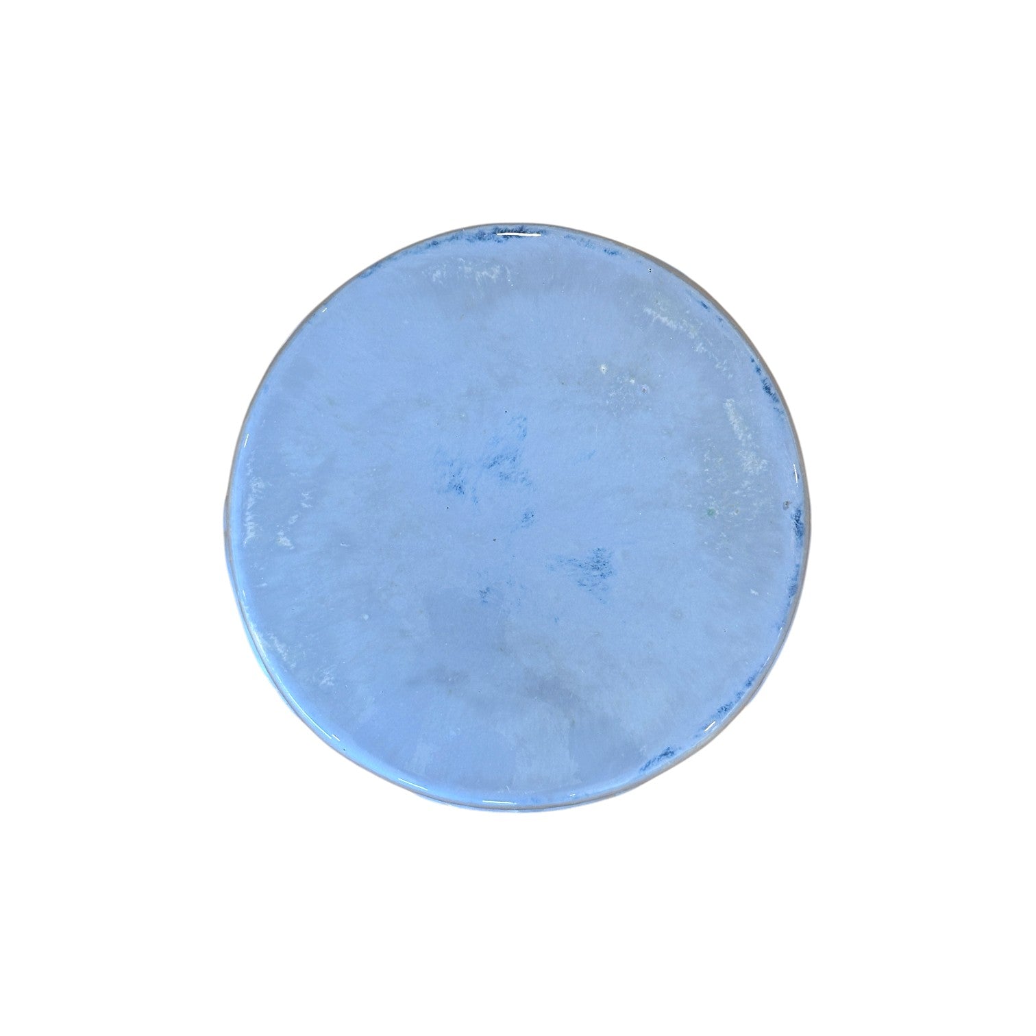 A round, flat Light Blue Ming Style Garden Stool with a smooth, solid light blue surface is shown from above on a white background, evoking an antique ceramic look reminiscent of dragon kiln-fired wares.