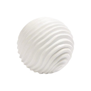 The Varenne Sphere in Matte White, Small, is a decorative orb with a textured surface and evenly spaced wavy grooves spiraling around it for striking visual appeal.