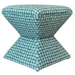 The Hamilton Outdoor Ottoman in Boheme Green features a small hourglass shape with teal fabric and a white circular geometric pattern, making it a chic accent to enhance your patio decor.