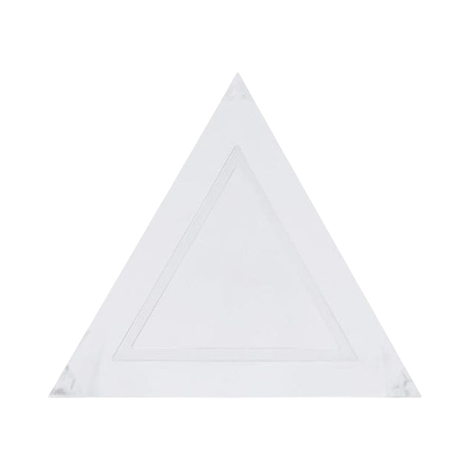 A clear plastic triangle ruler featuring a smaller triangle outline inside, displayed on a white background, captures the sleek, modern style of the Fran Acrylic Side Table.