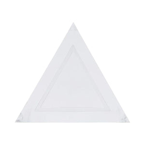 A clear plastic triangle ruler featuring a smaller triangle outline inside, displayed on a white background, captures the sleek, modern style of the Fran Acrylic Side Table.