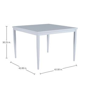 The Brookings Square Dining Table is a weather-resistant, wrought aluminum patio table with four tapered legs, measuring 42"W x 42"D x 30.25"H—perfect for outdoor gatherings.
