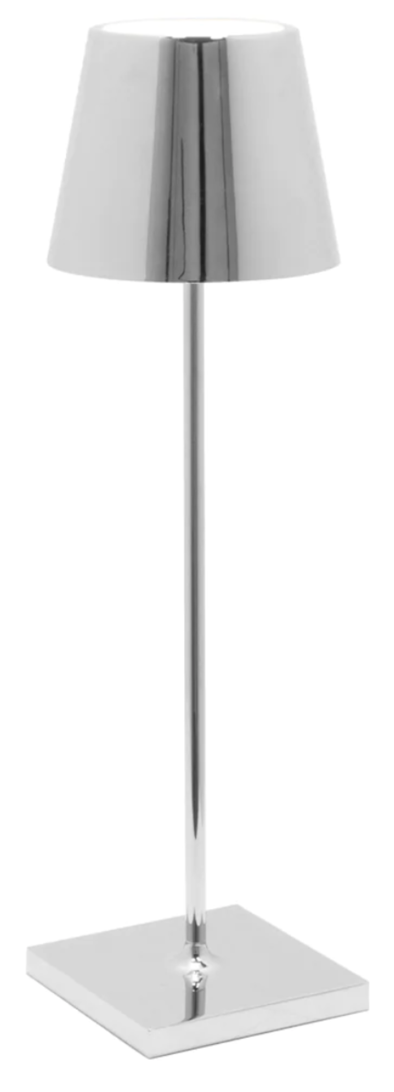 A tall, modern silver Zafferano Poldina Pro Cordless Lamp with a conical shade and a slim, straight stem on a square base. This cordless illumination device features a rechargeable battery for added convenience.