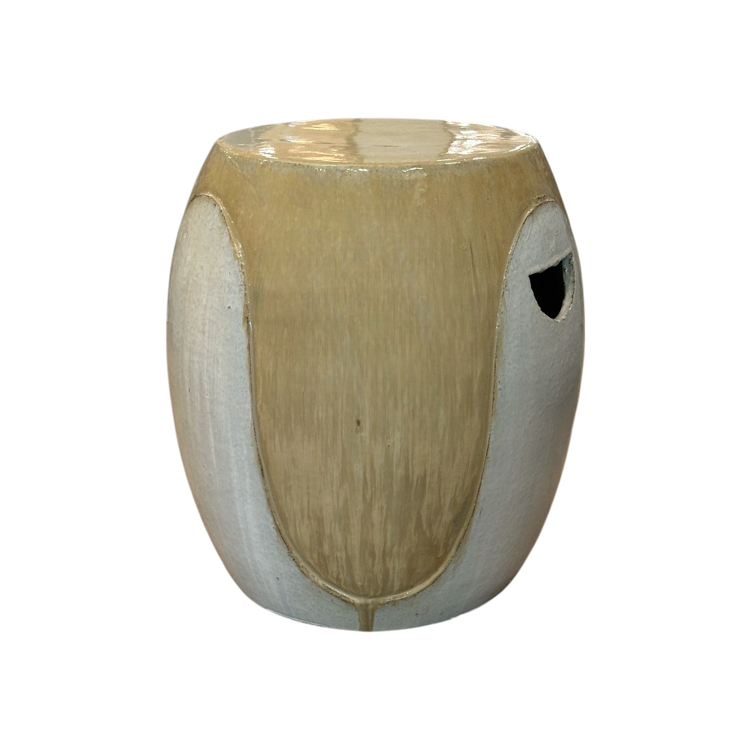 The Cream and White Wave Stool features a glossy beige and white finish, a rounded shape, and a small oval cutout on one side.