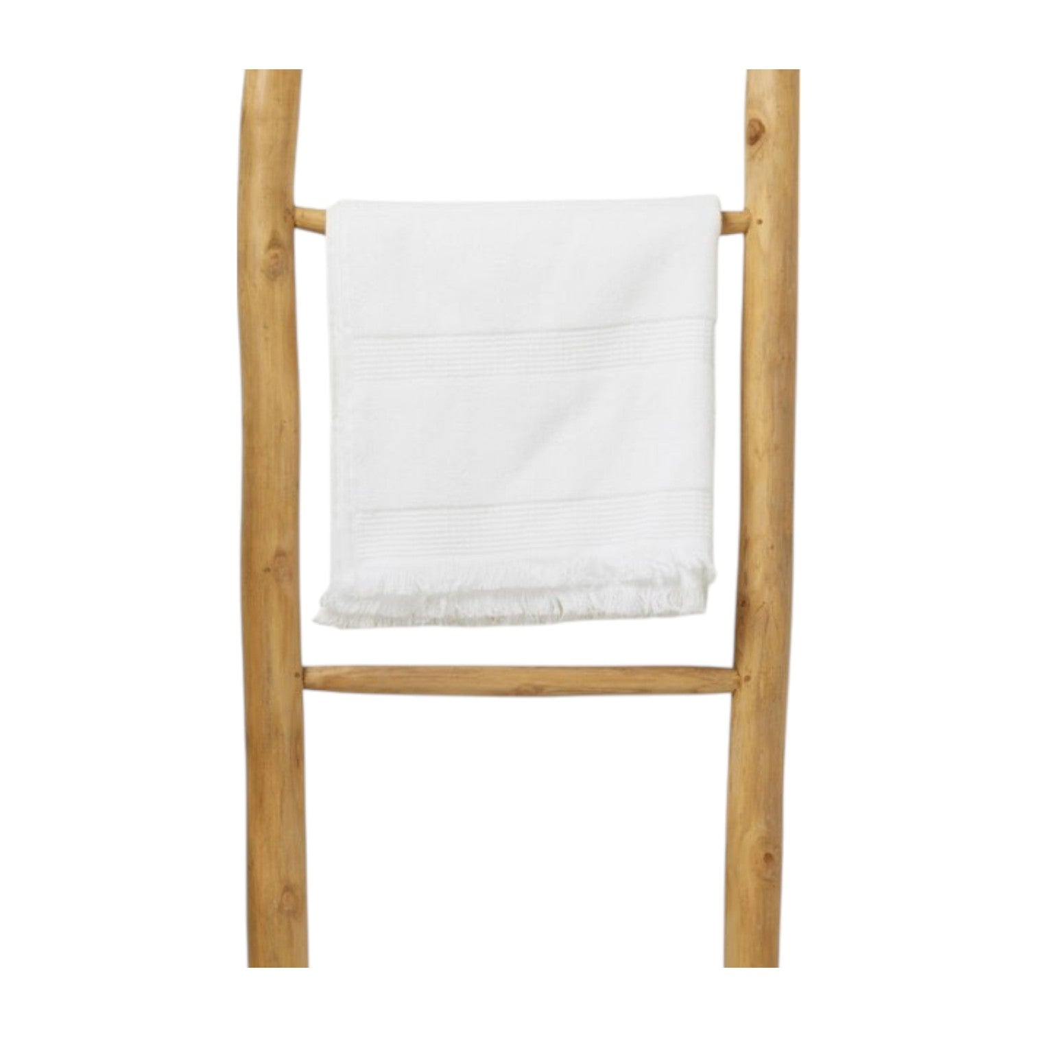 A white fringed towel hangs on the Provo Leaning Towel Rack's middle rung, highlighting its stylish light teak design and durability against a plain white background.