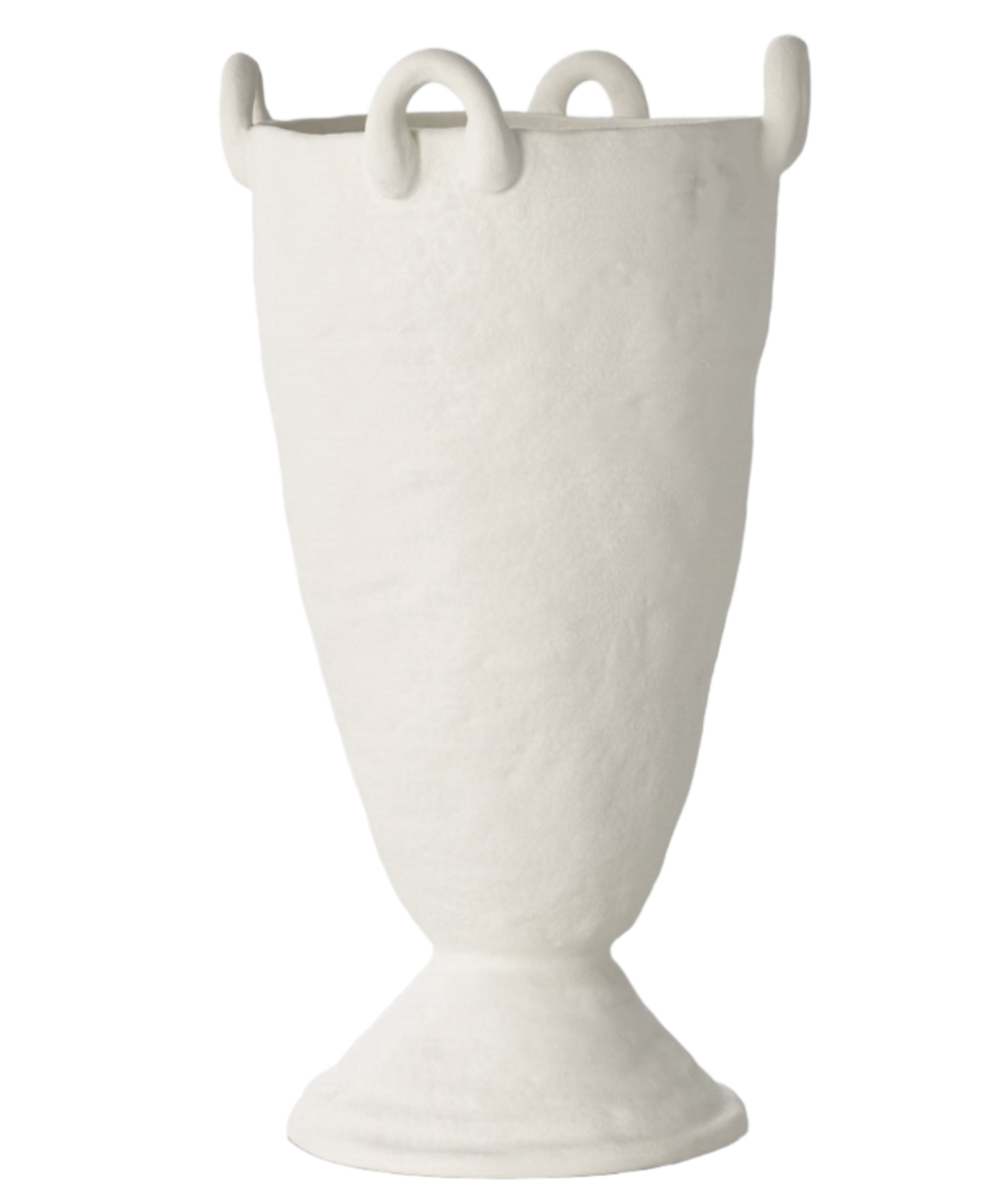 A white, textured Louis Vase, White with a wide body, narrow base, and four small loop handles near the rim makes for a stunning statement piece in any tablescape.