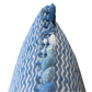 Close-up of the Popple Blue Outdoor Pillow, featuring blue and white stripes and braided tasseled trim along the edge, shown against a white background.