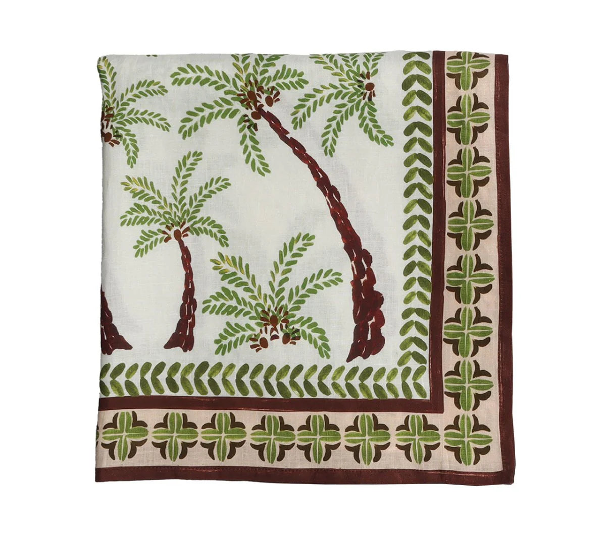 The Kim Seybert Oasis Tablecloth features a white base with printed palm trees and a brown and green decorative border, adding an island-inspired touch to your table setting.
