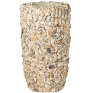 The Borsala Oyster Shell Planter, Large, is a cylindrical convex planter adorned with small, irregularly shaped oyster shells in natural beige and brown tones.