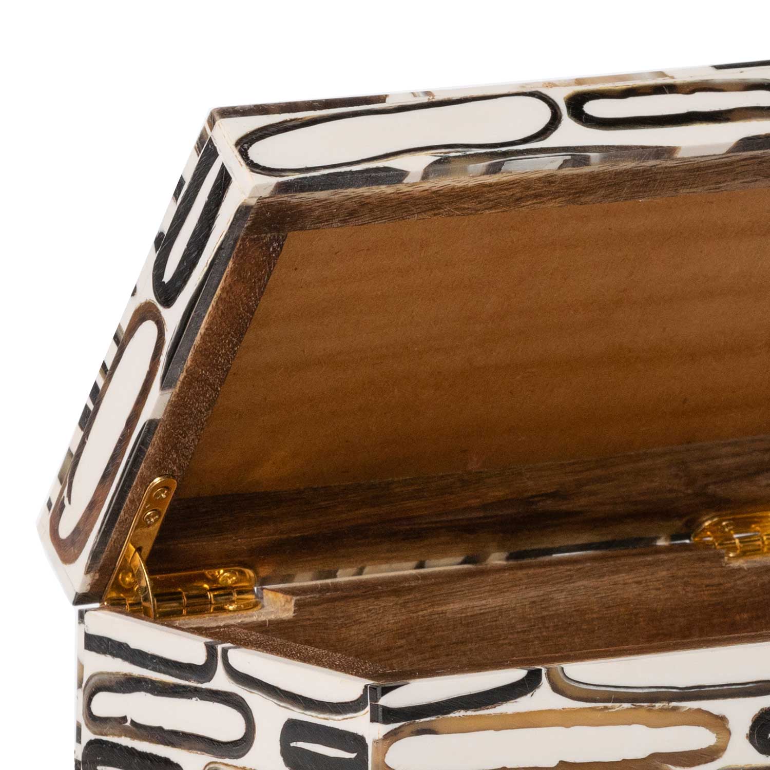 A Corwin Horn Box, Large with a zebra-like pattern on the outside is shown open, revealing a wood interior and gold-colored hinges.