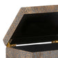 A close-up of an open, textured box with a dark interior featuring a geometric pattern on the exterior and gold-colored hinges, showcasing the intricate layers reminiscent of traditional handicraft, the Della Box Silver Eggshell, Large.