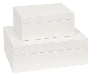 Two white rectangular boxes with subtle textured patterns, reminiscent of delicate eggshells, one stacked on top of the other - Della Box, Large.