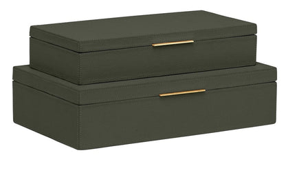 Two stacked rectangular green boxes with matching lids and brass-lipped handles. The top box is a Ralston Forest Leather Box, Small.