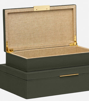 An open, rectangular dark green Ralston Forest Leather Box, Small with a beige interior and gold-colored hinges, crafted from high-quality leather, placed on top of a matching closed box.