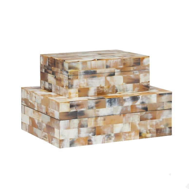 Two nested Sarlic Box, Large with a striking mosaic design made up of various shades of tan, brown, and white tiles boast a sophisticated matte finish.