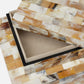 A rectangular box with a mosaic-like exterior of beige, brown, and cream shades is pictured with its lid slightly ajar, revealing a beige fabric-lined interior. The matte finish enhances the muted elegance of the Sarlic Box, Small, perfect for storing smaller items.