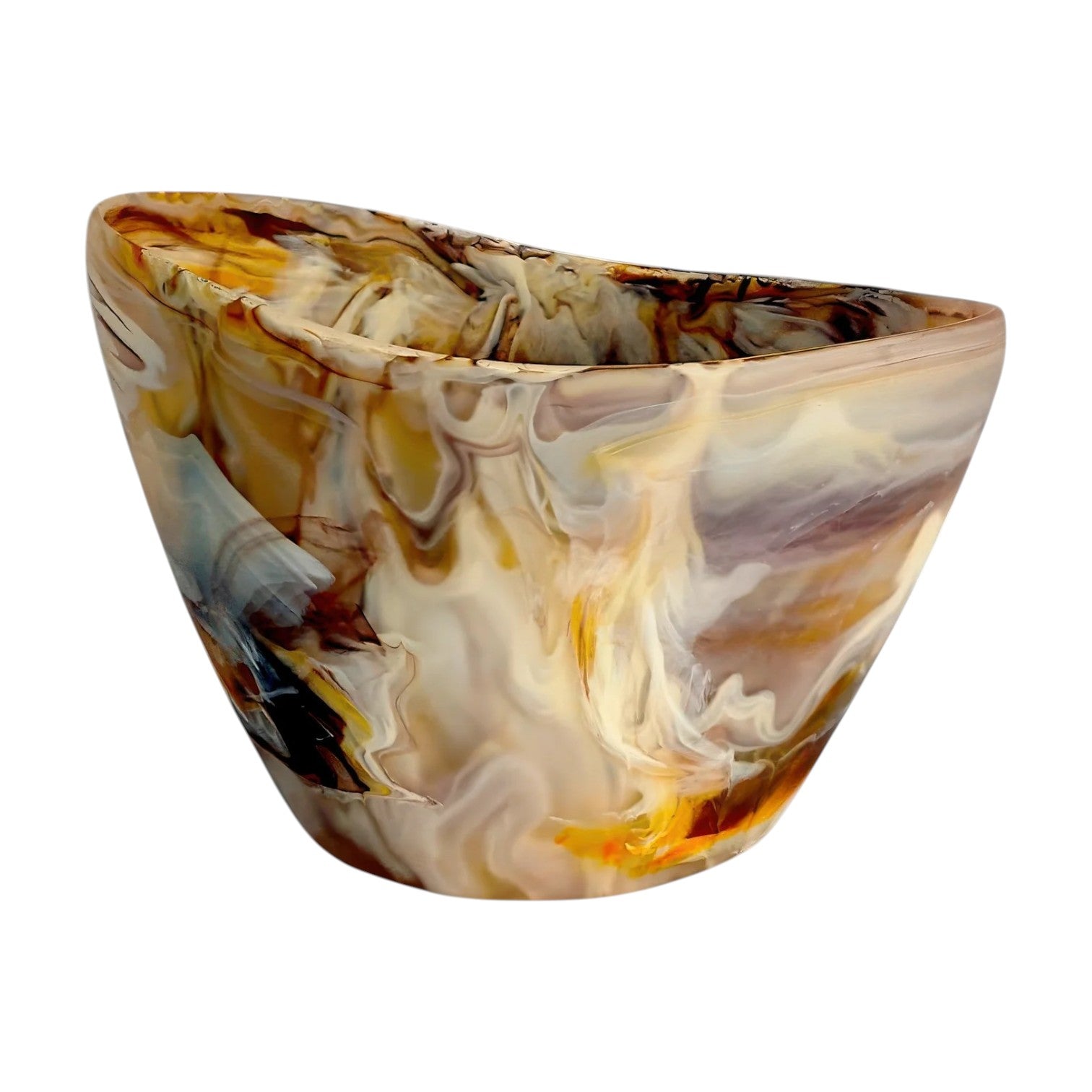 Oval-shaped bowl from the Mocha Resin Serveware Collection, featuring abstract patterns and a marbled mix of brown, cream, yellow, and gray—an eye-catching serving piece or accent for your home decor.