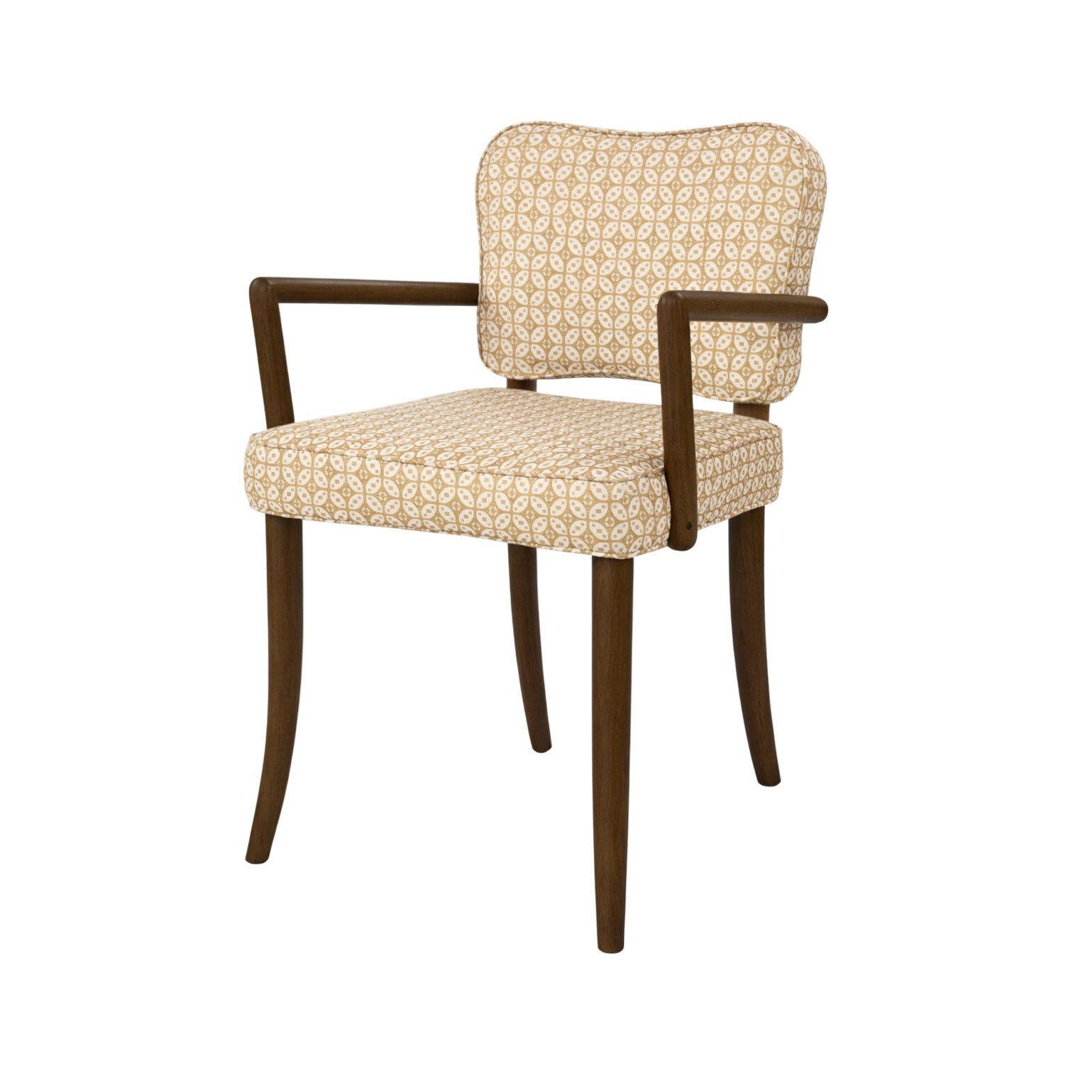 The Lille Dining Arm Chair features armrests and is upholstered in beige and white patterned fabric, shown against a plain white background.