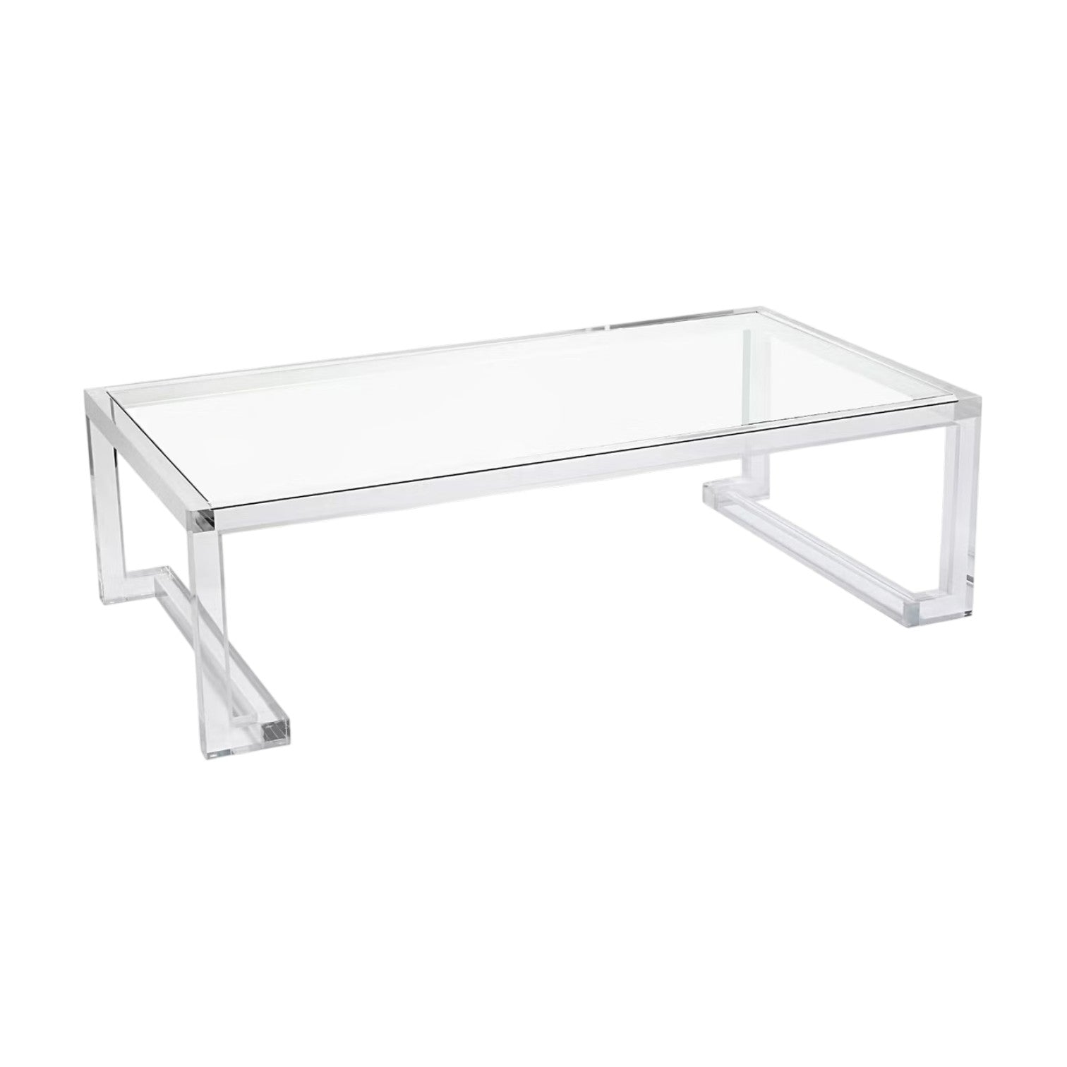 The Ava Cocktail Table features a clear acrylic rectangular design with open rectangular legs and minimalist, modern styling—bringing contemporary elegance to any space.