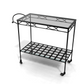 The Amalfi Bar Cart is crafted from powder-coated steel with a glass top shelf, lower grid shelf, side handle, and four caster wheels, all displayed on a white background.