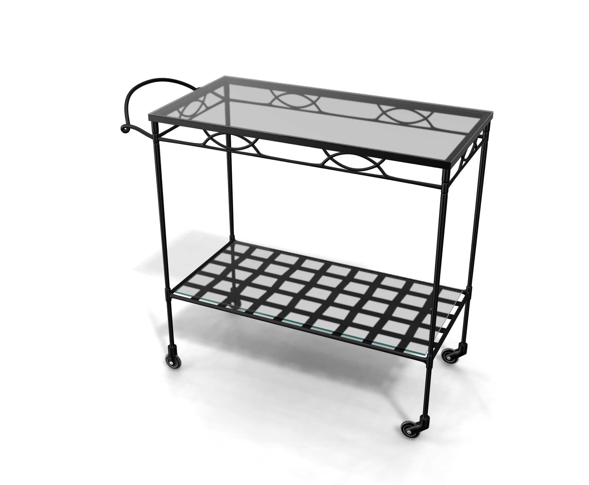 The Amalfi Bar Cart is crafted from powder-coated steel with a glass top shelf, lower grid shelf, side handle, and four caster wheels, all displayed on a white background.