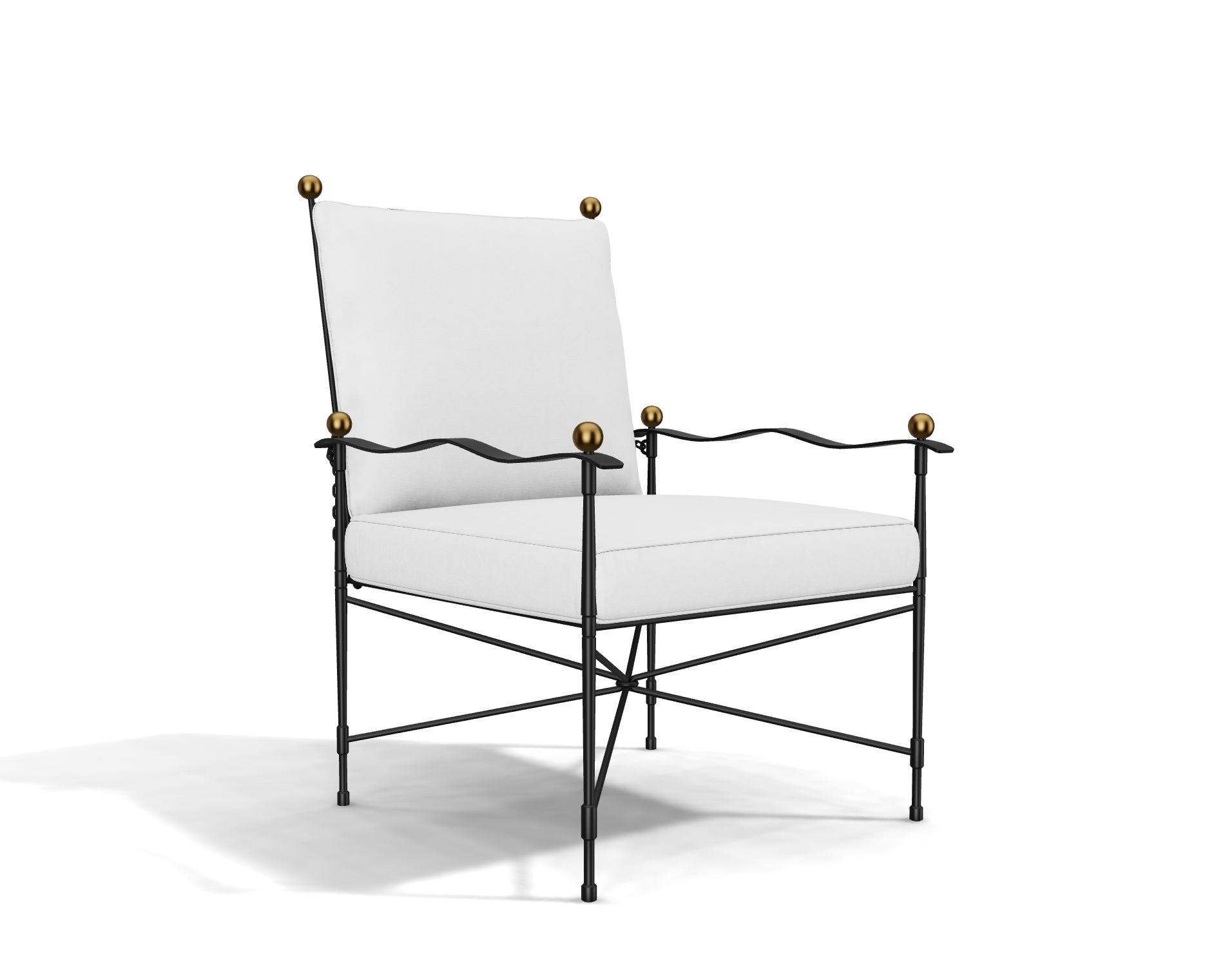 The Amalfi Adjustable Chain Lounge Chair is a white cushioned armchair with a black powder coated steel frame, featuring gold spherical accents on the armrests and back corners, set against a plain white background.