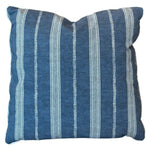 The Orlando Stripe Outdoor Pillow is a square, blue custom pillow featuring white vertical stripes, shown against a white background.
