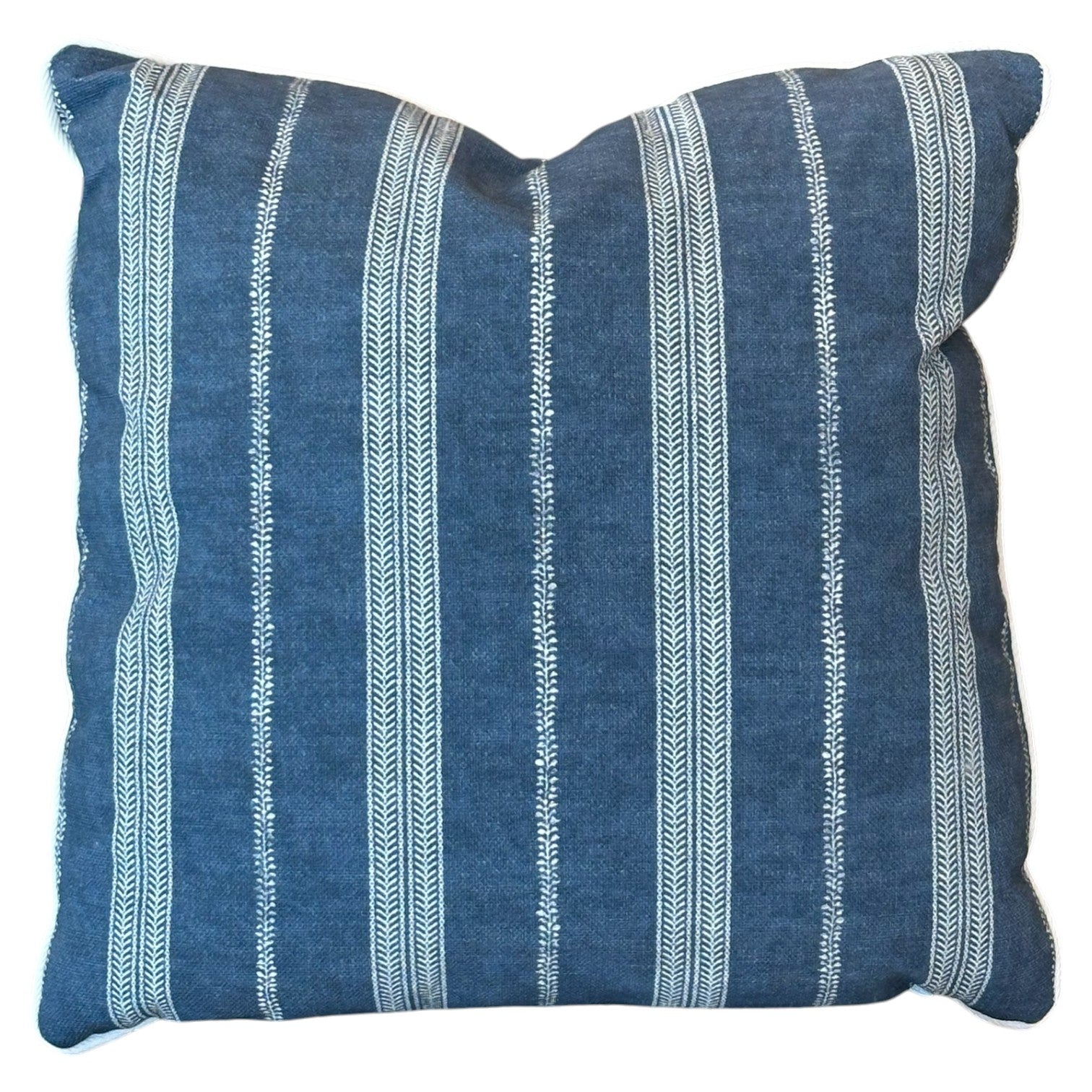 The Orlando Stripe Outdoor Pillow is a square, blue custom pillow featuring white vertical stripes, shown against a white background.