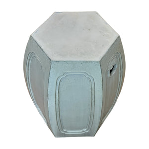 The Natural Mineral Glazed Solid Hexagonal Stool features a light gray ceramic finish, panel detailing, and side cutout handle, offering an antique look inspired by dragon kiln craftsmanship.