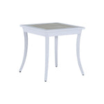 The Bermuda Aluminum End Table is a square white outdoor table with slightly curved wrought aluminum legs and a light-colored tabletop, pictured against a plain white background.