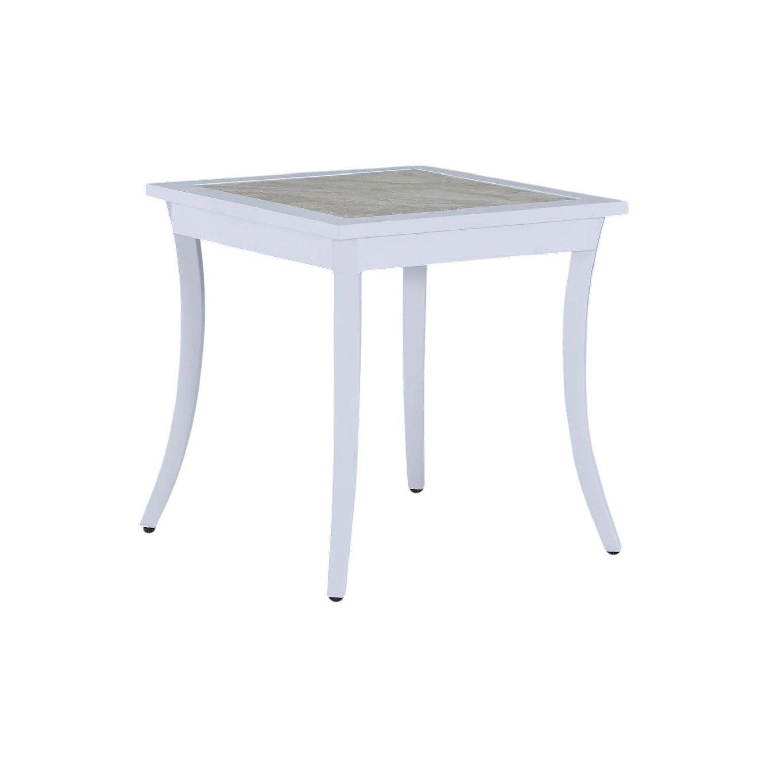 The Bermuda Aluminum End Table is a square white outdoor table with slightly curved wrought aluminum legs and a light-colored tabletop, pictured against a plain white background.