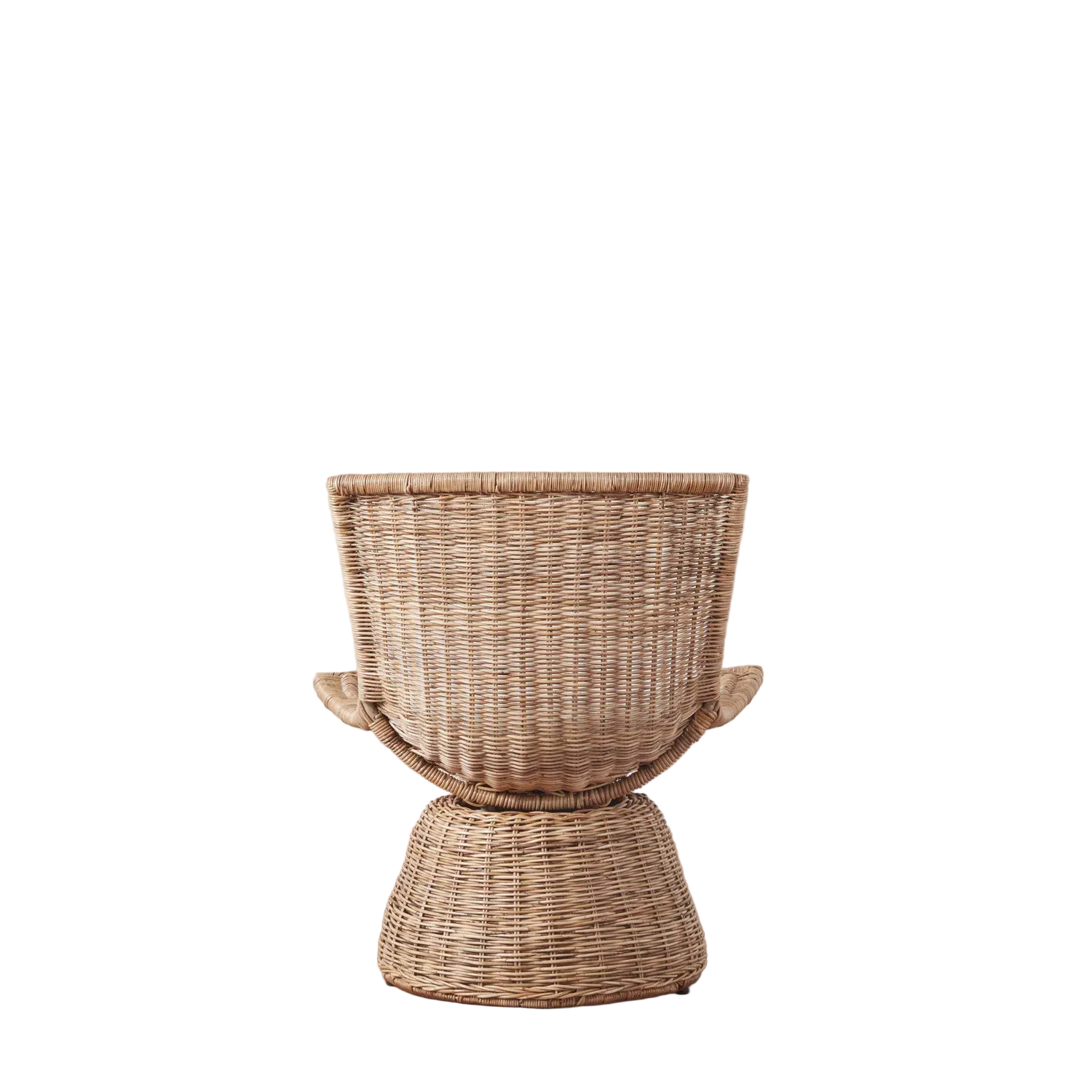 The Healdsburg Small Wicker Swivel Chair features a handwoven rattan design, curved backrest, armrests, and a rounded base—ideal for compact and comfortable seating.