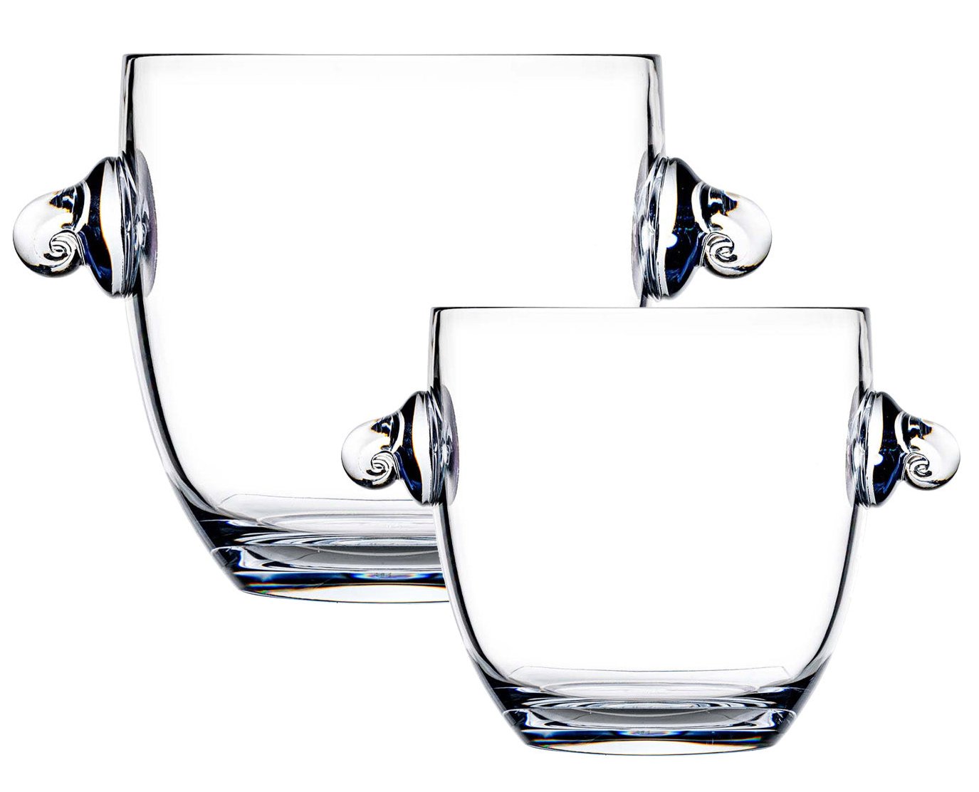 Two clear acrylic ice buckets with elegantly swirled handles on each side from the Bold Paradise collection.