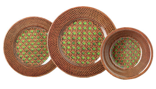 Three baskets from the Mario Luca Giusti Patagonia Green Collection, featuring modern shapes and brown patterns, are elegantly displayed on a white background, highlighting an aesthetic research in design.