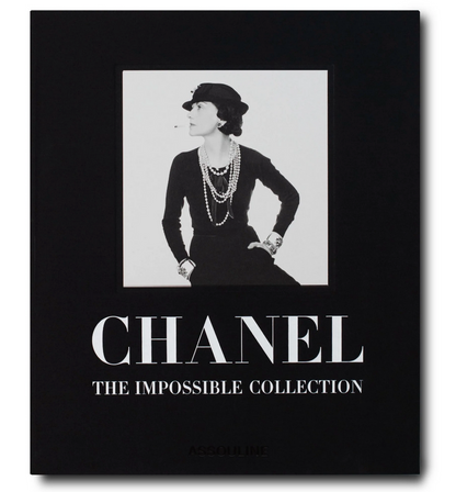 A book cover titled "The Impossible Collection: Chanel" showcasing the iconic looks of luxury fashion, featuring a black and white image of a woman in a hat, pearl necklaces, and a black dress.