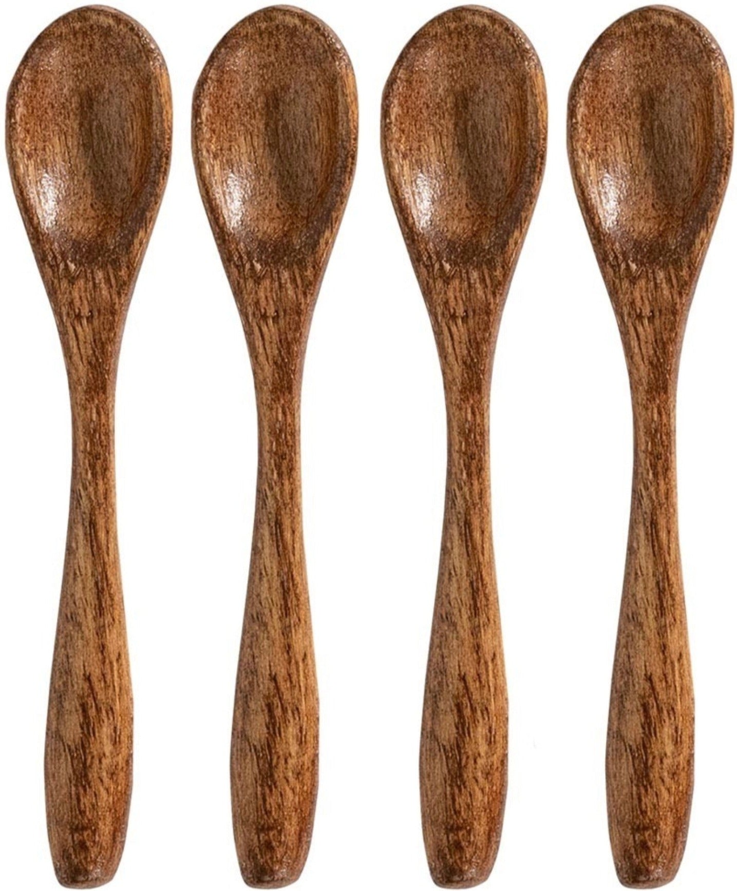 Four brown mango wood spoons arranged side by side, each with smooth handles and elongated bowls, showcasing the artisanal elegance of the Juliska Bilbao Wood Serving Collection.