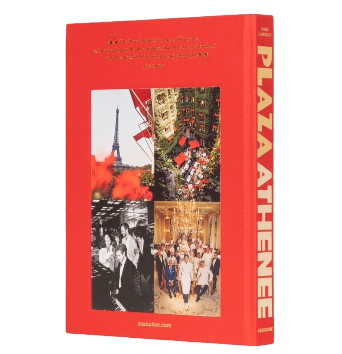 A red book titled "Plaza Athenee" showcases images of various scenes, including the Eiffel Tower, people enjoying French hospitality in a luxurious setting, flowers, and a crowded event.