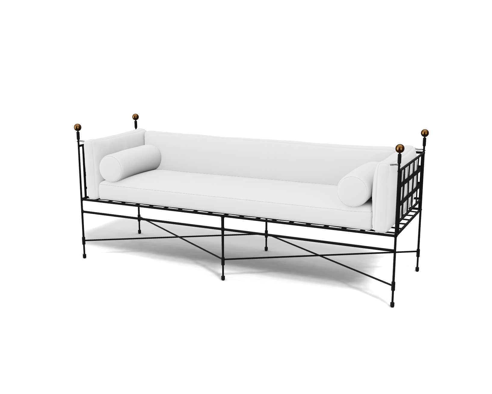 The Amalfi Tuxedo 3 Seat Sofa features a modern metal frame with hand-forged latticework, white cushions, and two cylindrical bolster pillows, all set against a white background.